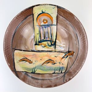 Vintage Large Hand Made Ceramic Hand Painted Gold Fish Decorative Bowl